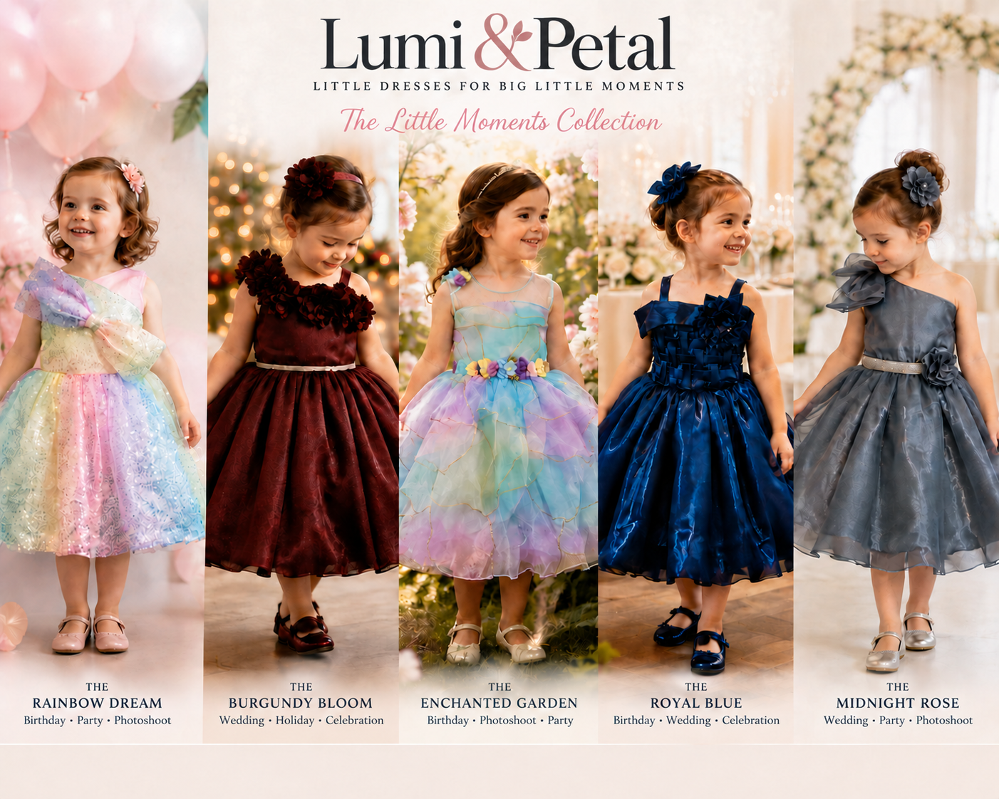 Lumi and Petal Little Moments Collection poster showcasing five occasion dresses